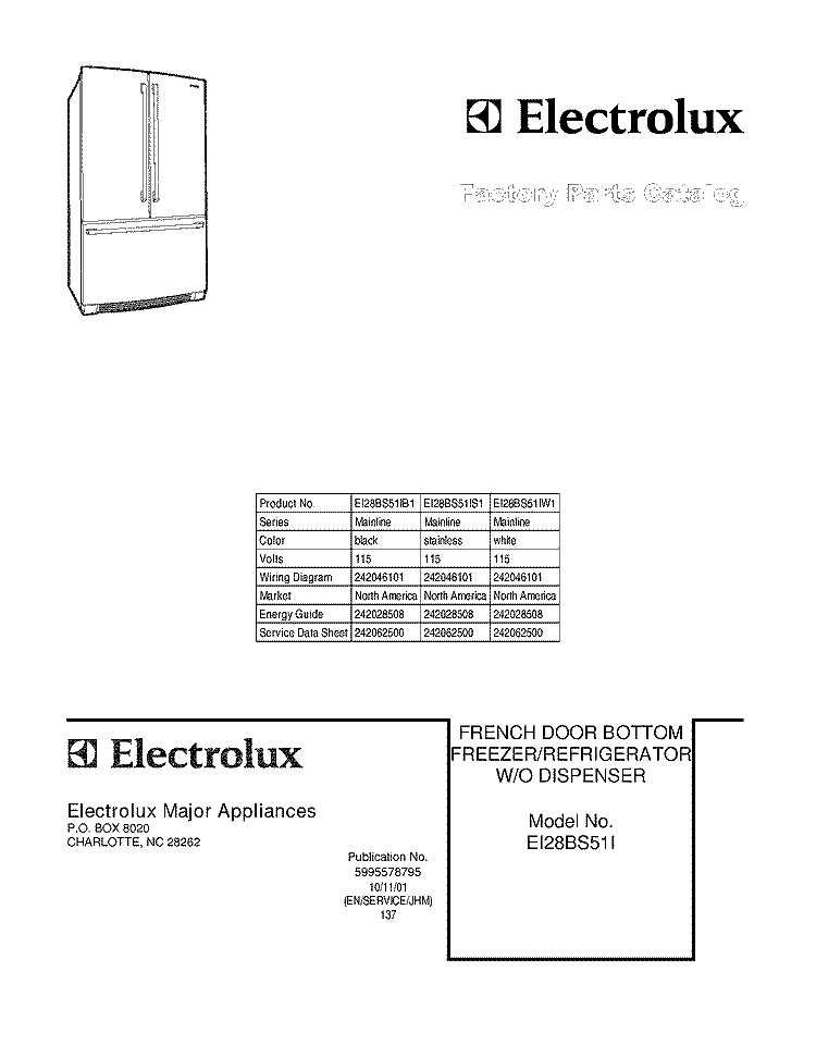 COVER Diagram and Parts List for EI28BS51IW1  Electrolux Refrigerator