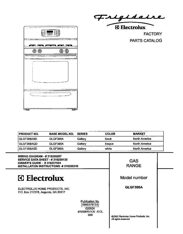 COVER Diagram and Parts List for GLGF388AQD  Frigidaire Range