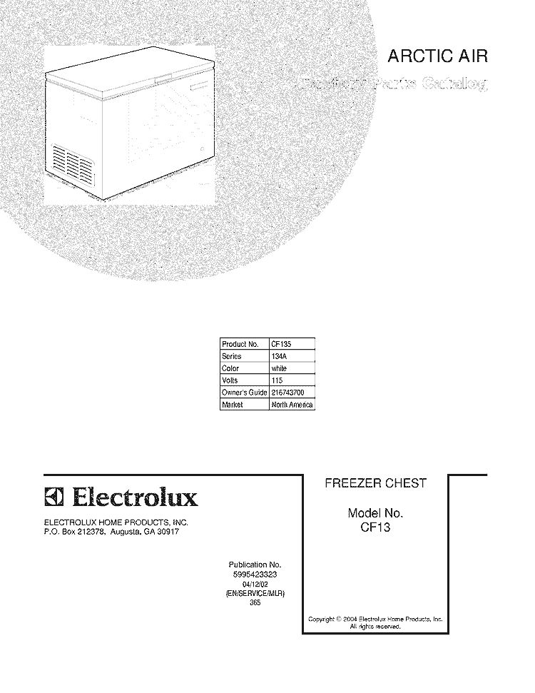 COVER Diagram and Parts List for CF135  Frigidaire Freezer