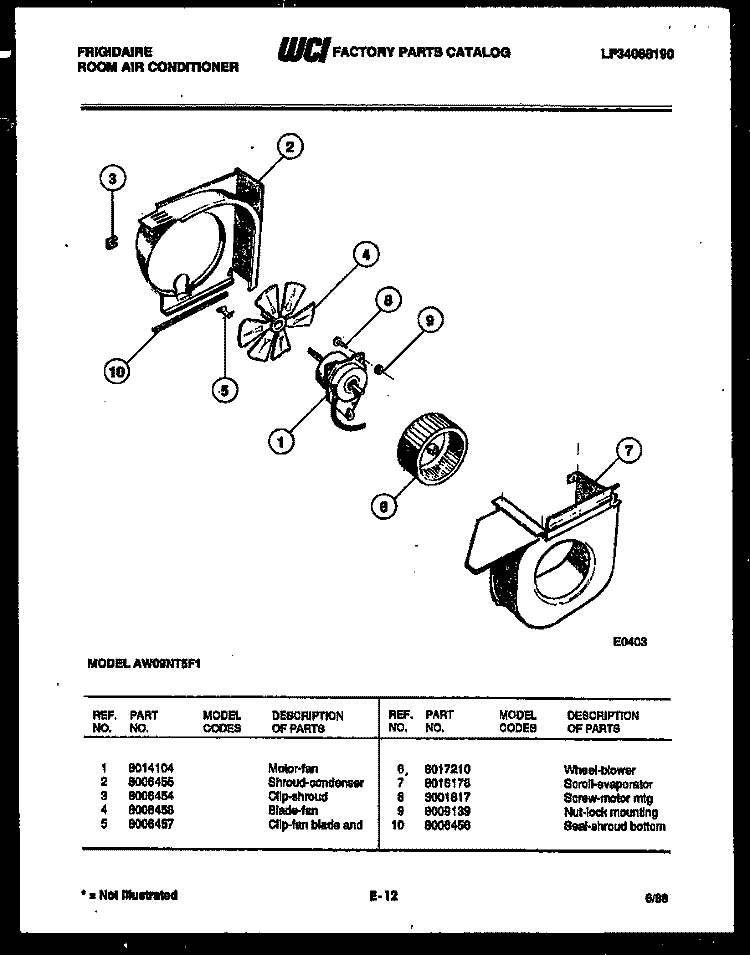 AIR HANDLING PARTS Diagram and Parts List for AW09NT5F1  Frigidaire Air Conditioner