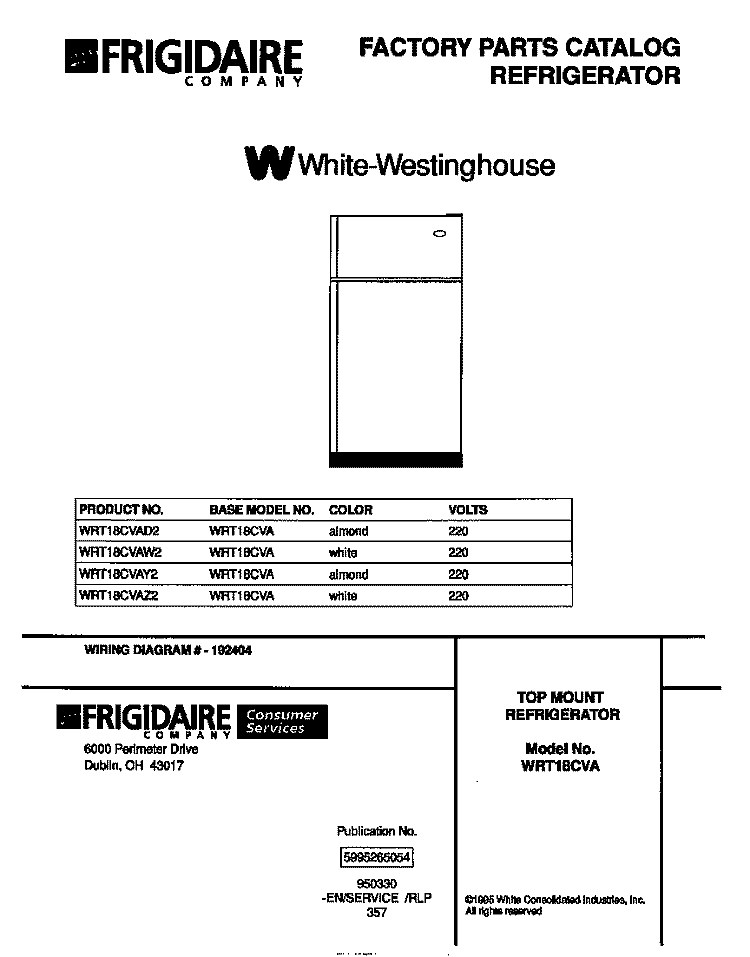 COVER Diagram and Parts List for WRT18CVAY2  Frigidaire Refrigerator