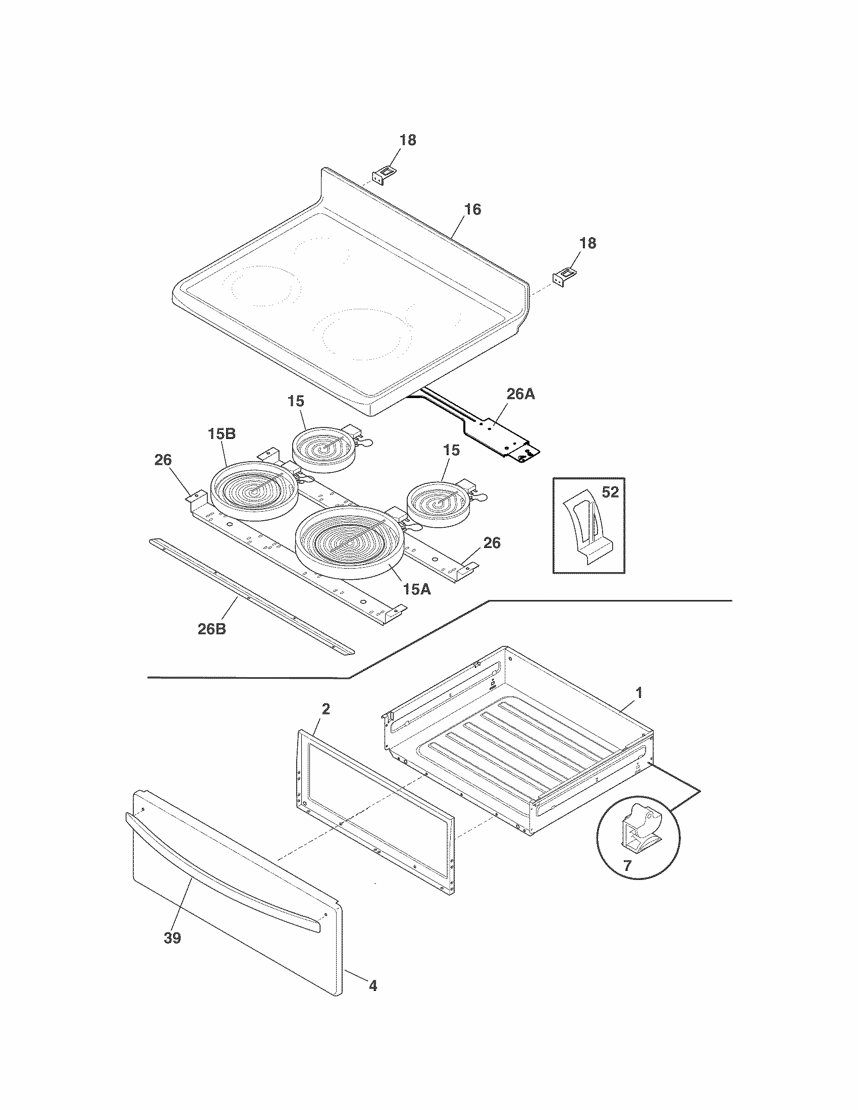Top/drawer Diagram and Parts List for 79092513211  Kenmore Range