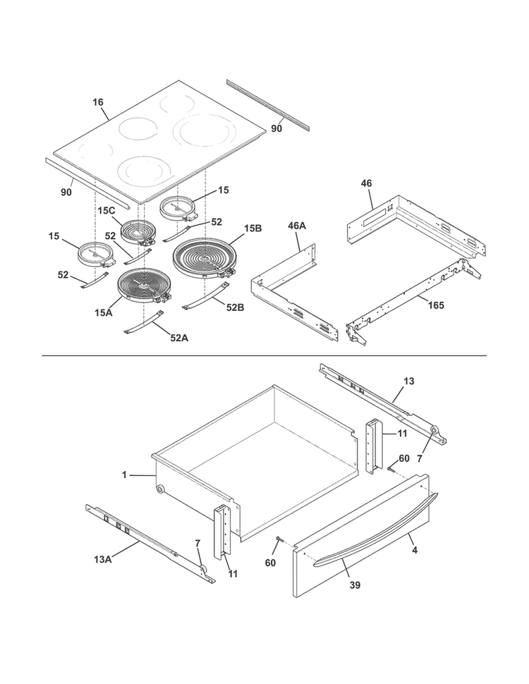 Top/drawer Diagram and Parts List for CGES3065PFB  Frigidaire Range