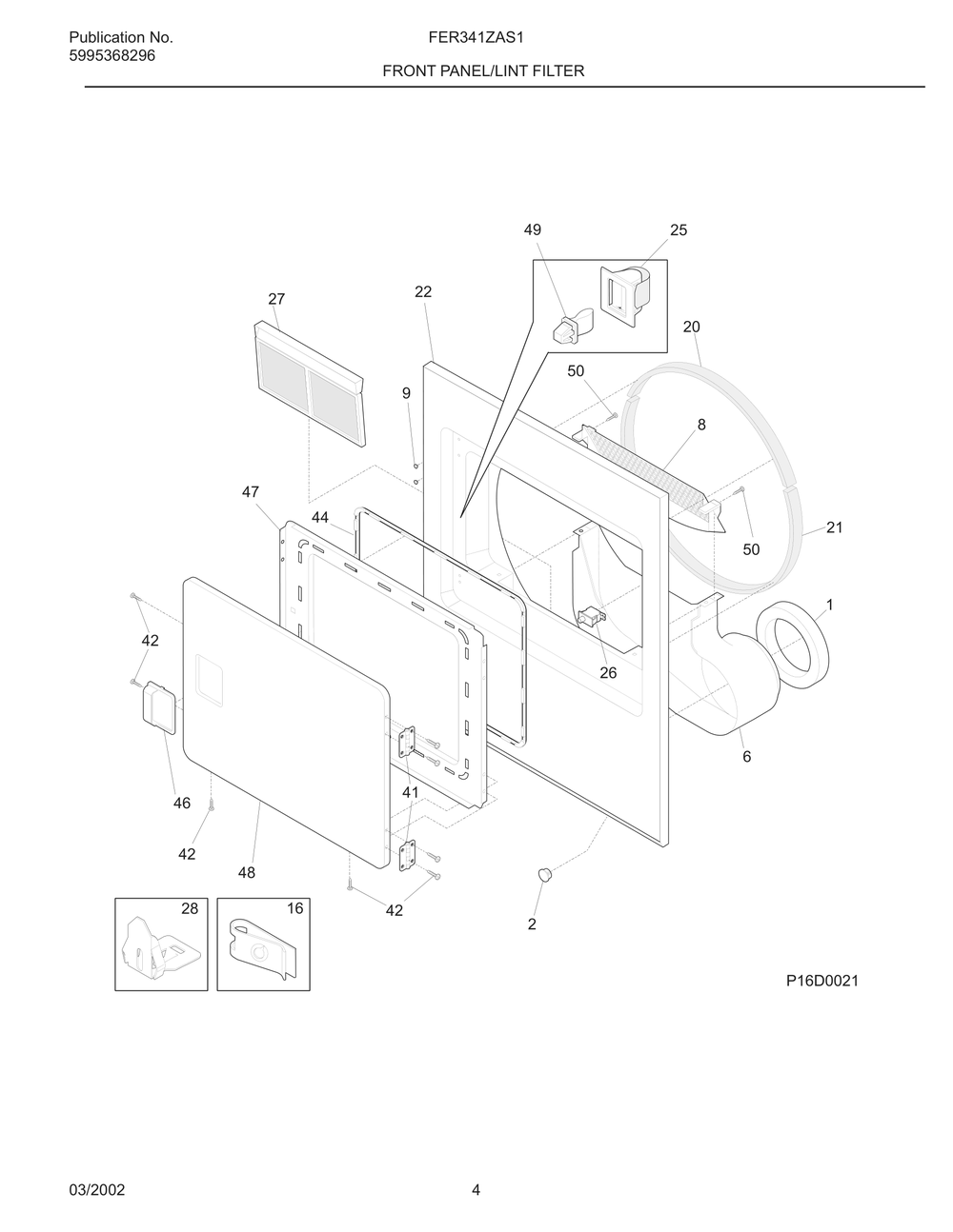 Front Panel/Lint Filter Diagram and Parts List for FER341ZAS1  Frigidaire Dryer