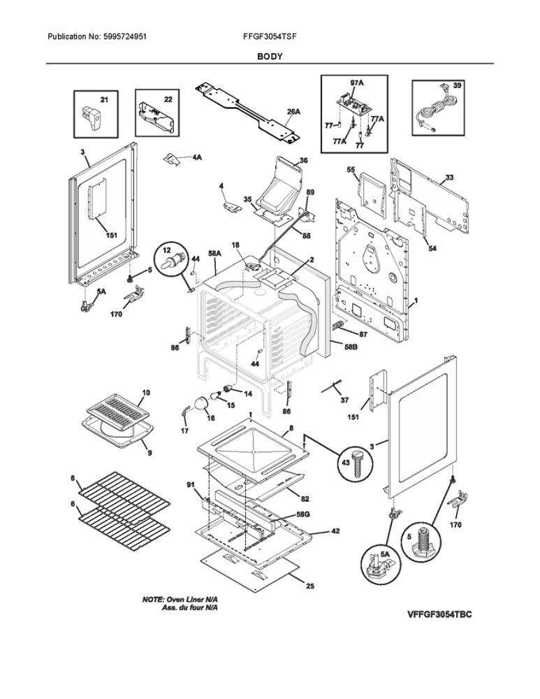Body Diagram and Parts List for FFGF3054TSF  Frigidaire Range