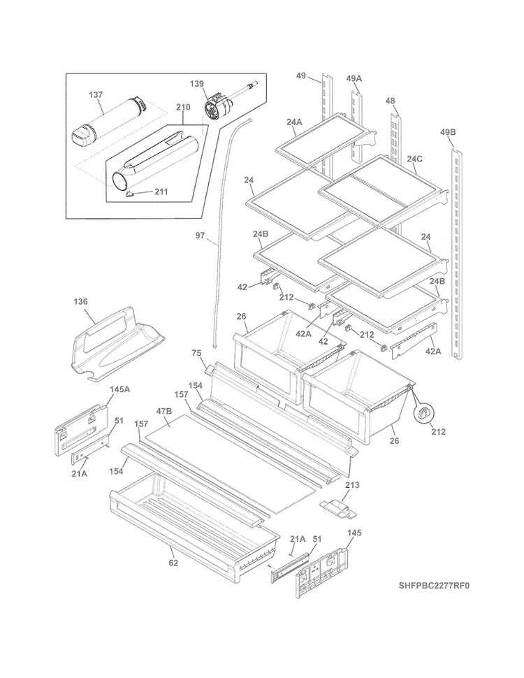 Shelves Diagram and Parts List for FPBC2277RF0  Frigidaire Refrigerator