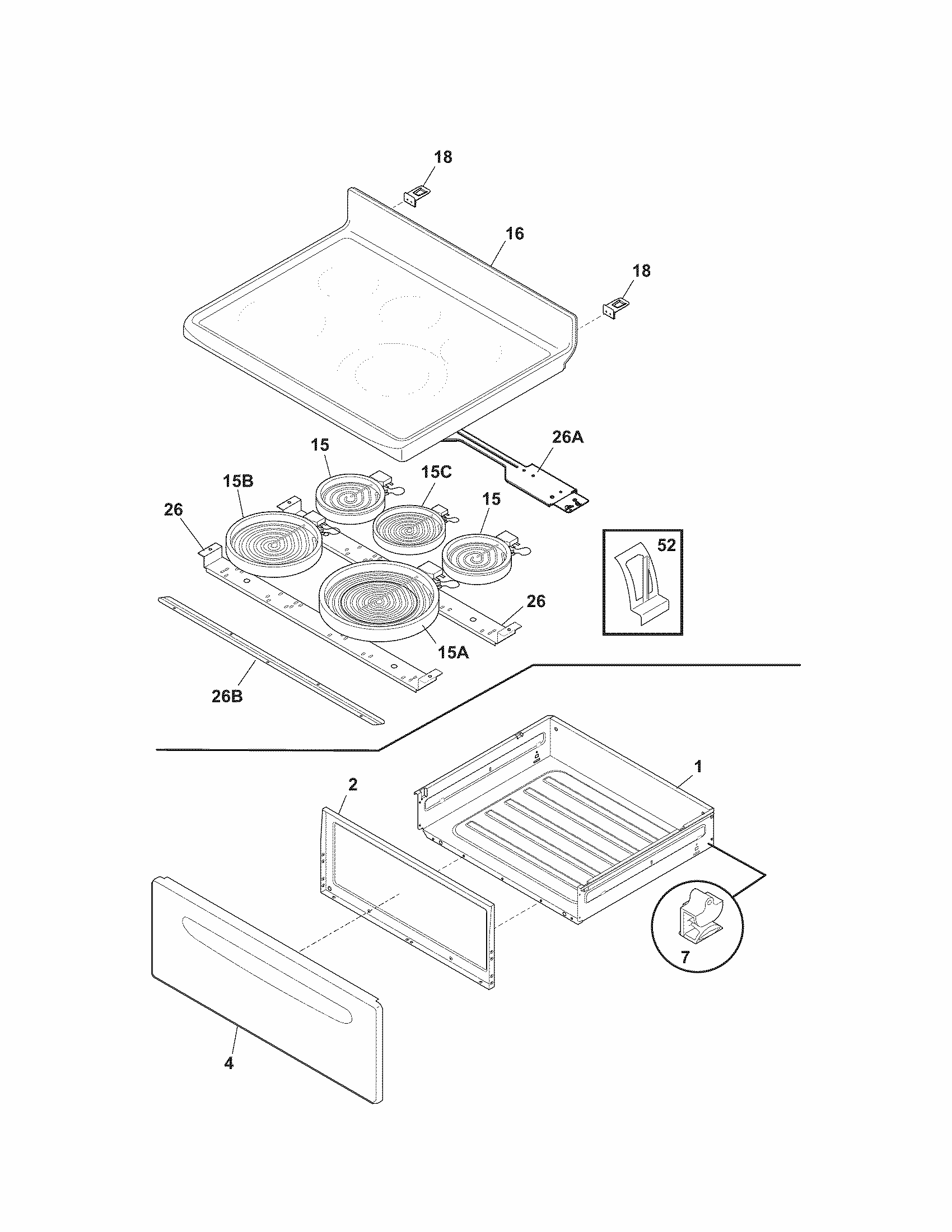 Top/drawer Diagram and Parts List for 79092602016  Kenmore Range