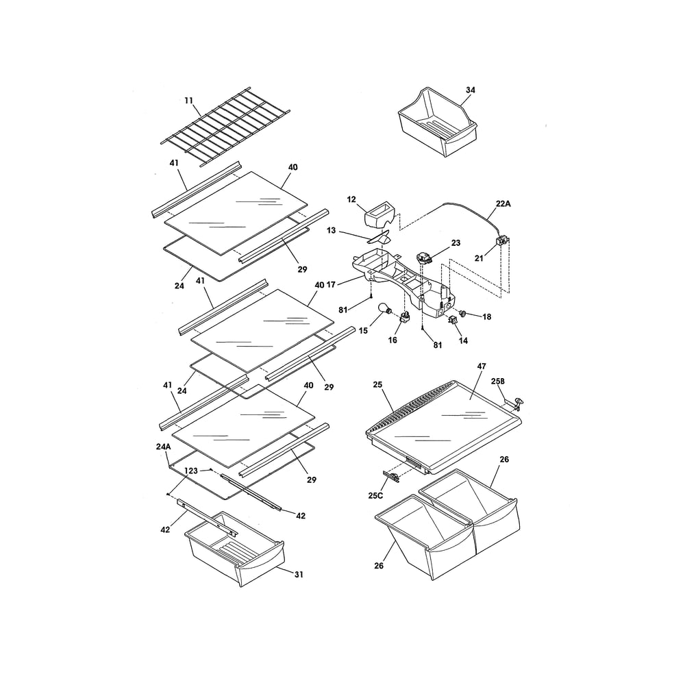Shelves Diagram and Parts List for FFHI1817LW7  Frigidaire Refrigerator