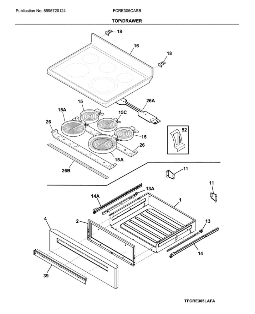 Top/Drawer Diagram and Parts List for FCRE305CASB  Frigidaire Range