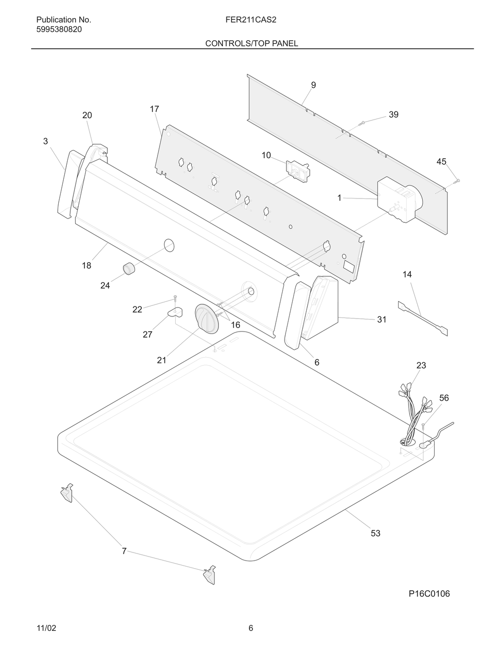 Controls/Top Panel Diagram and Parts List for FER211CAS2  Frigidaire Dryer
