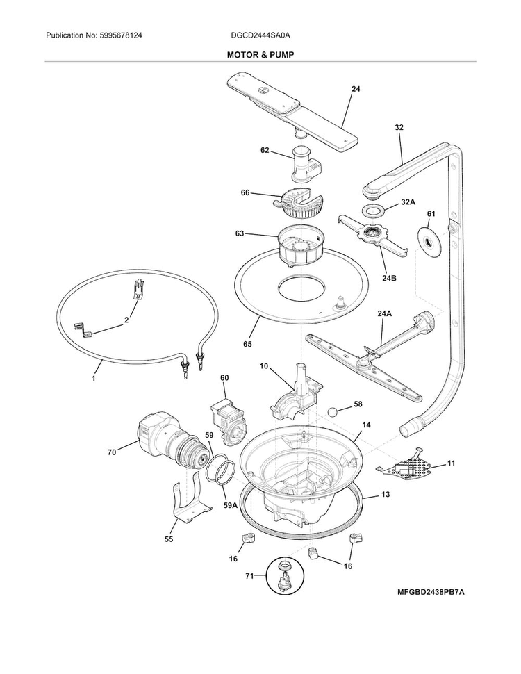 Motor & Pump Diagram and Parts List for DGCD2444SA0A  Frigidaire Dishwasher