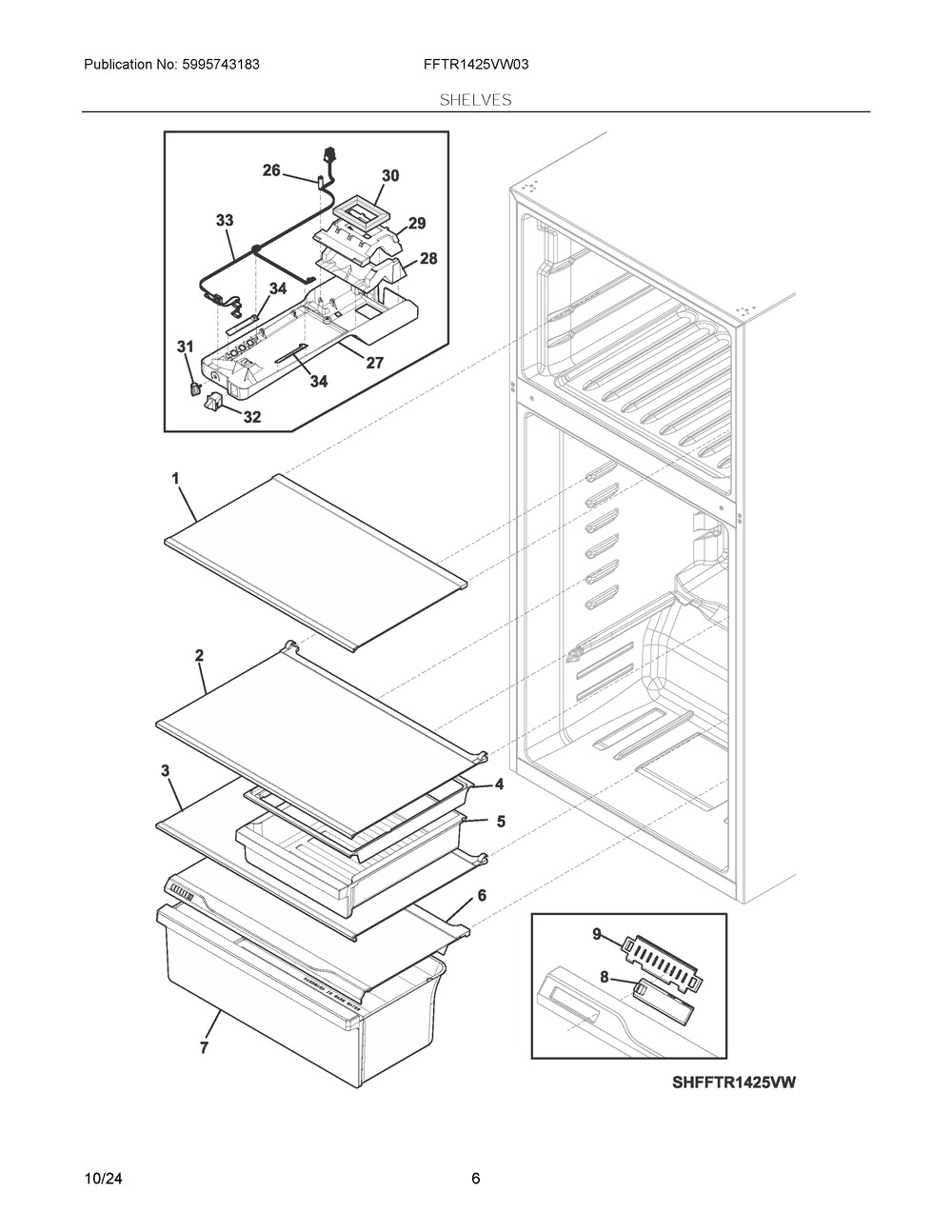 Shelves Diagram and Parts List for FFTR1425VW03  Frigidaire Refrigerator