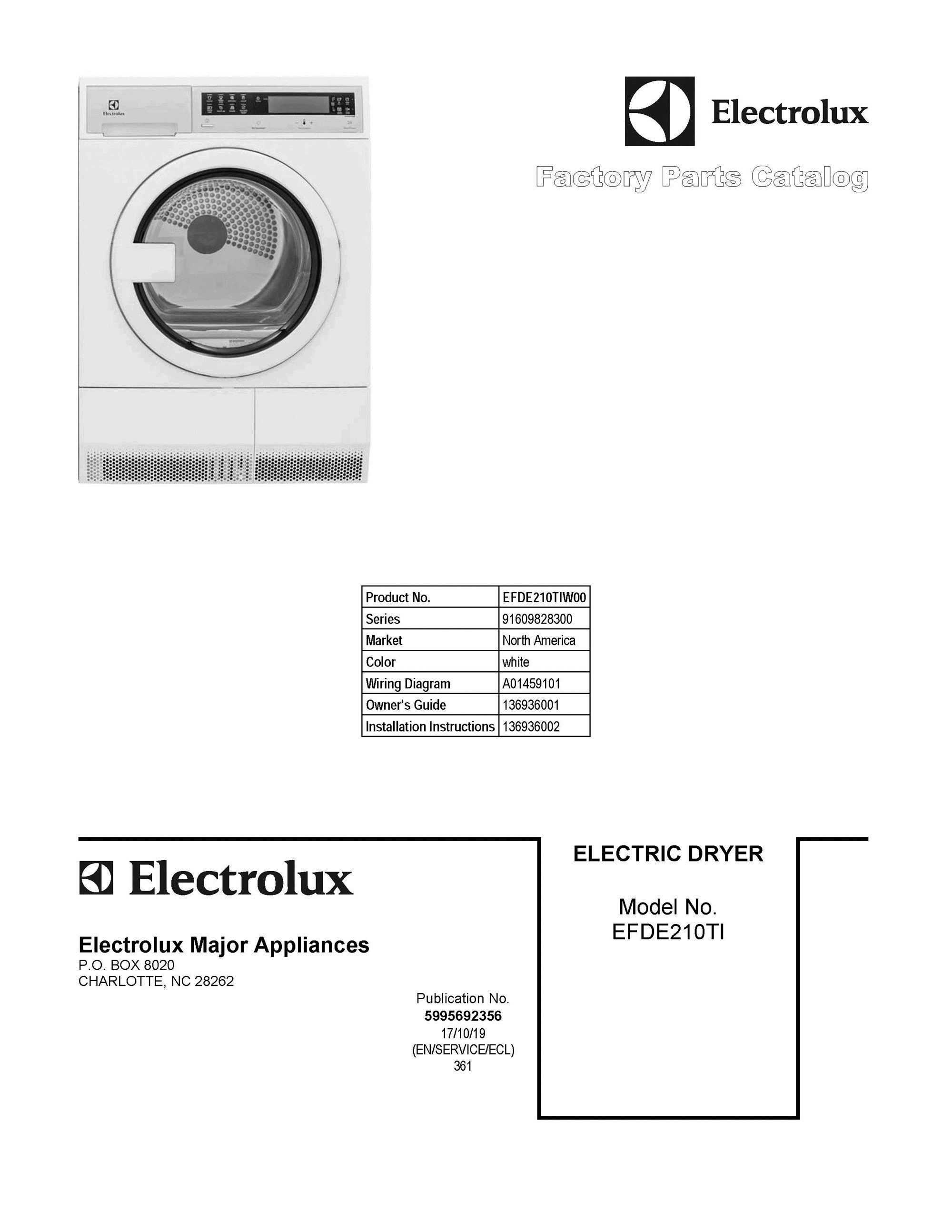 01 - COVER SHEET Diagram and Parts List for EFDE210TIW00  Frigidaire Dryer