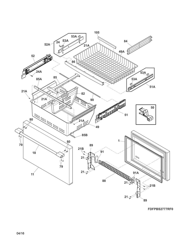Freezer Drawer, Baskets Diagram and Parts List for FPBS2777RF3  Frigidaire Refrigerator