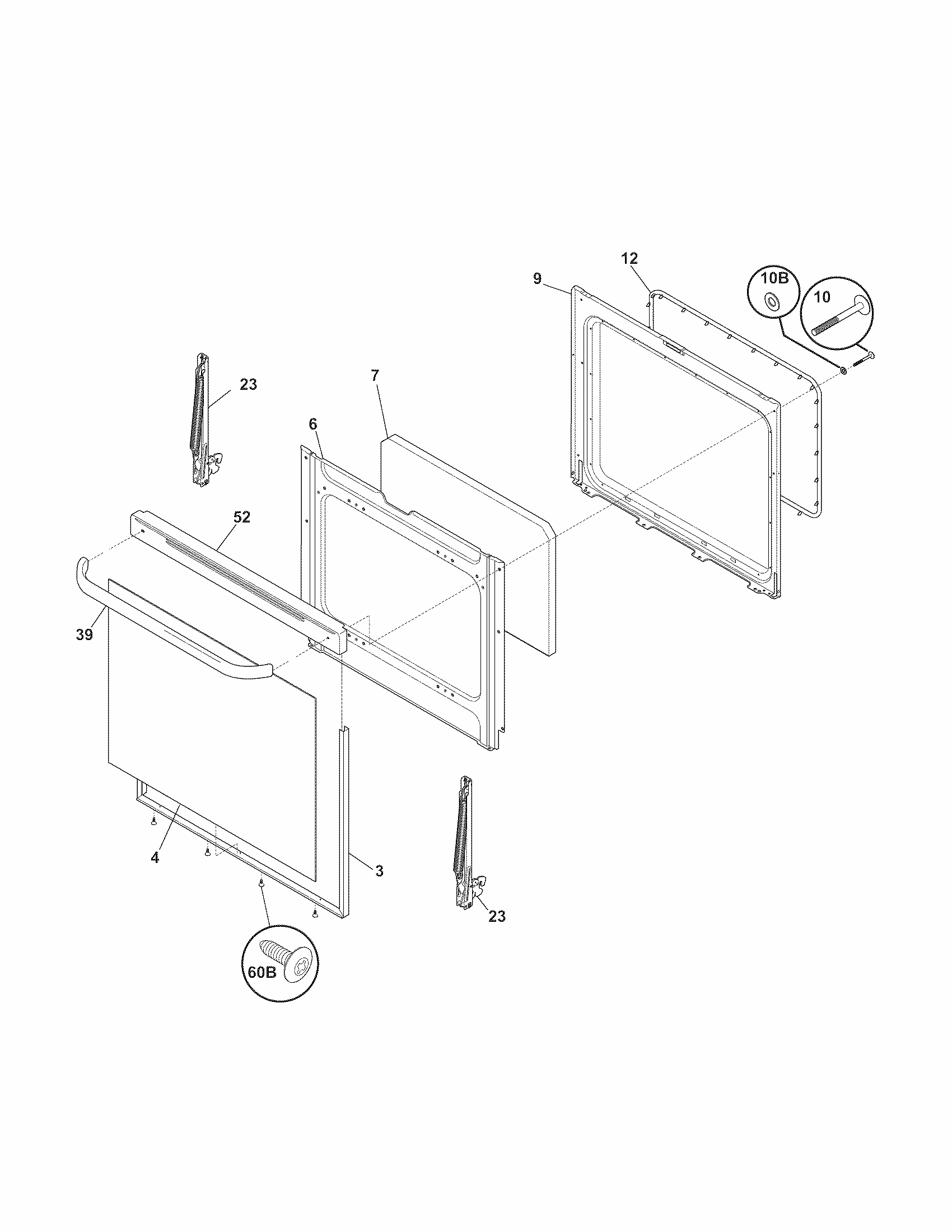 Door Diagram and Parts List for 79090900608  Kenmore Range