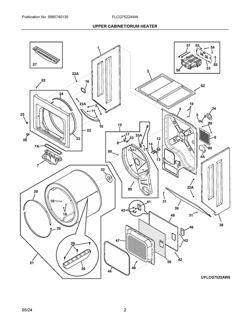 Upper Cabinet/Drum Heater Diagram and Parts List for FLCG7522AW4  Frigidaire Washer Dryer Combo