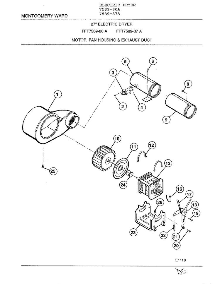 Motor, Fan Housing And Exhaust Duct Diagram and Parts List for 7589-87A  Frigidaire Dryer