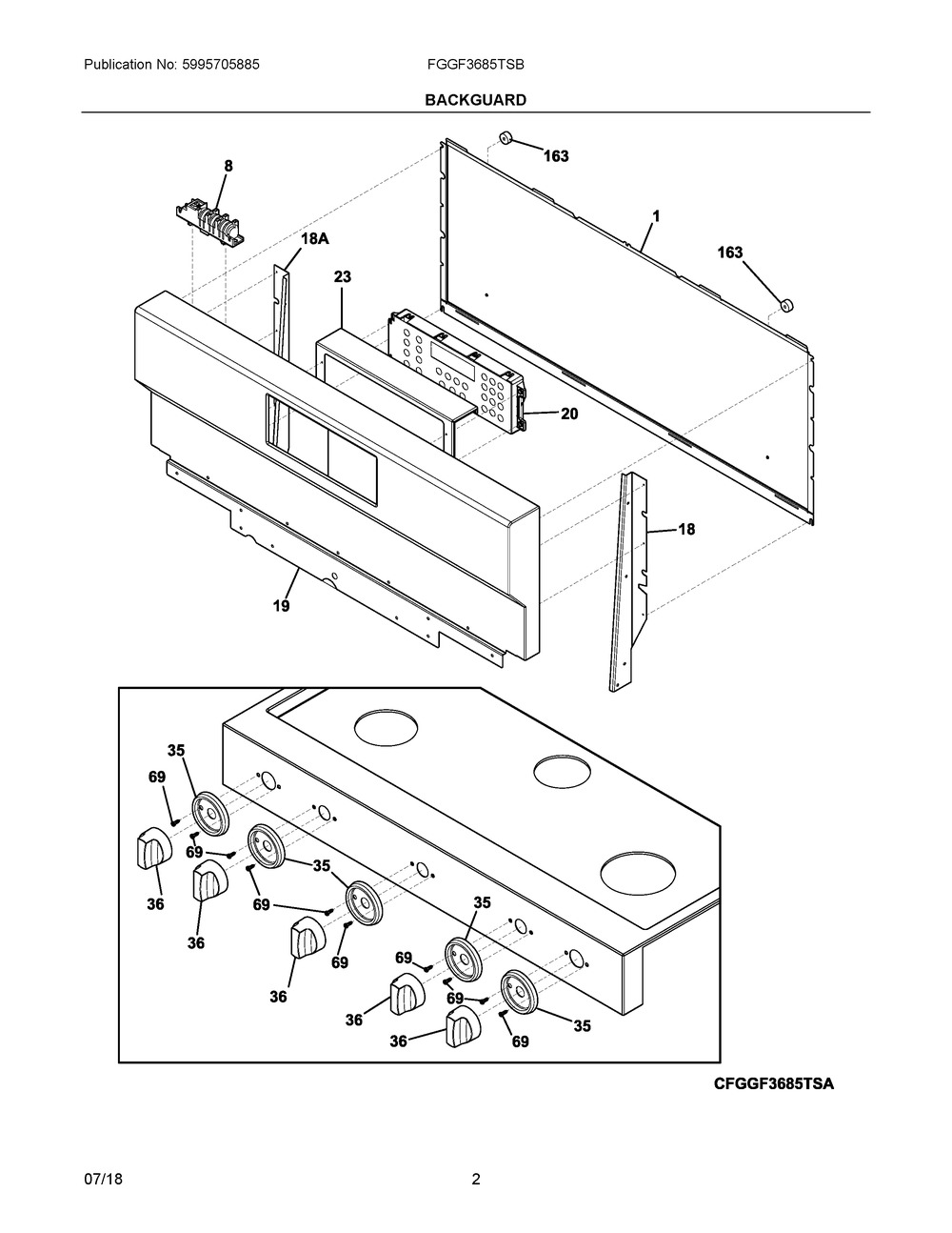 Backguard Diagram and Parts List for FGGF3685TSB  Frigidaire Range