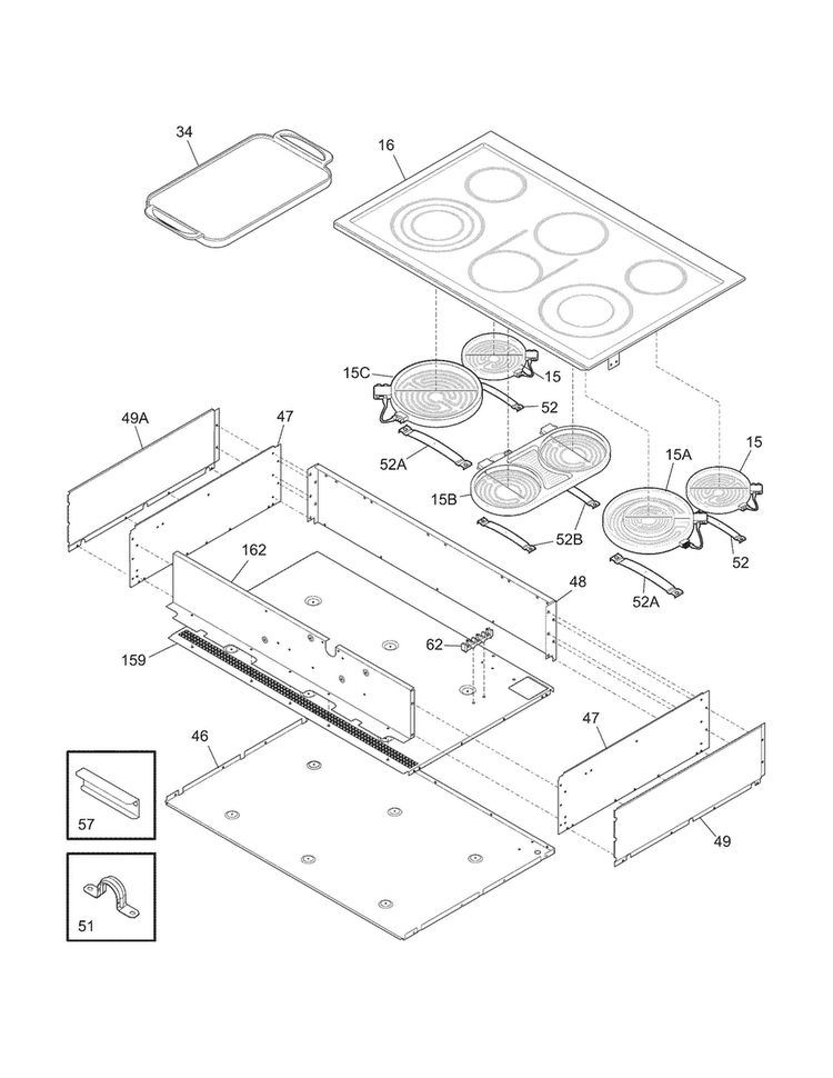 Main Top/surface Units Diagram and Parts List for E36EC75HSS3  Electrolux Cooktop