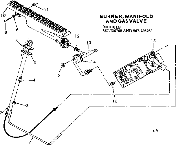 Burner manifold & gas valve Diagram and Parts List for 867736762  Frigidaire Furnace