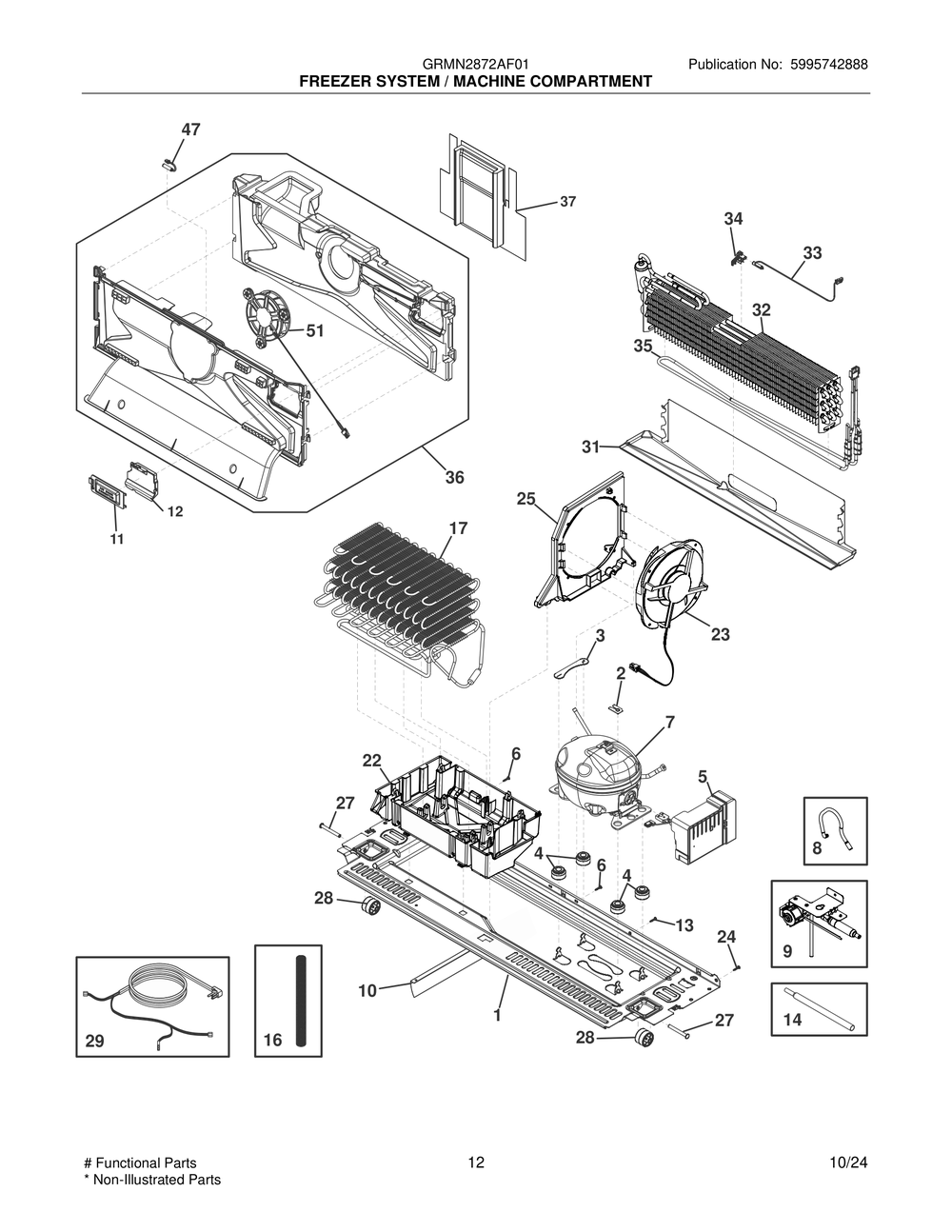 Freezer System / Machine Compartment Diagram and Parts List for GRMN2872AF01  Frigidaire Refrigerator