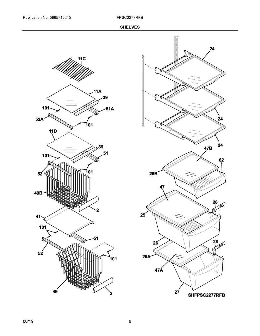 Shelves Diagram and Parts List for FPSC2277RFB  Frigidaire Refrigerator