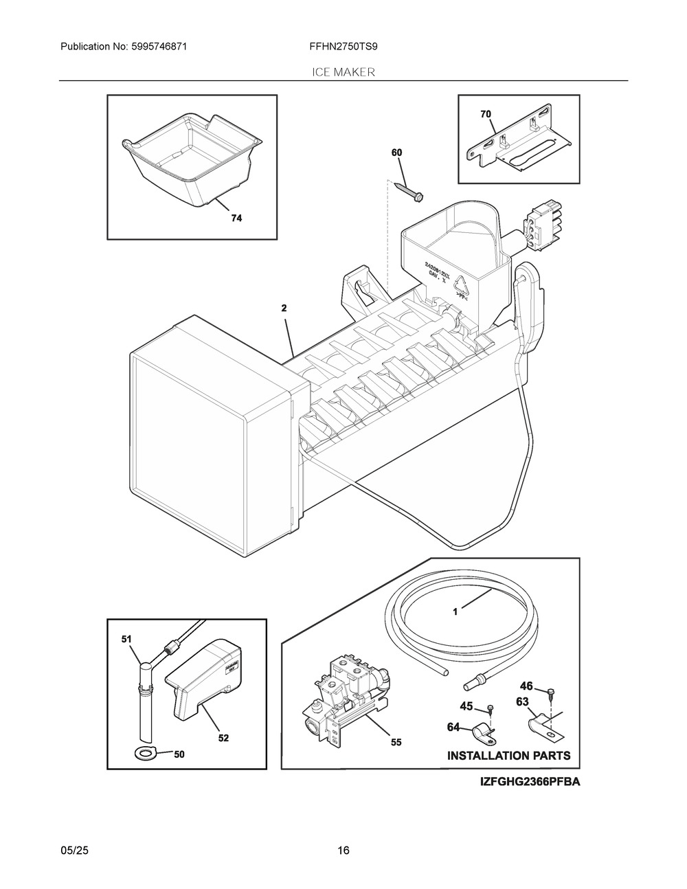 Ice Maker Diagram and Parts List for FFHN2750TS9  Frigidaire Refrigerator