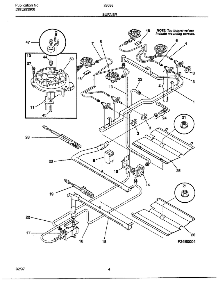 Burner Diagram and Parts List for 285860C  Frigidaire Range