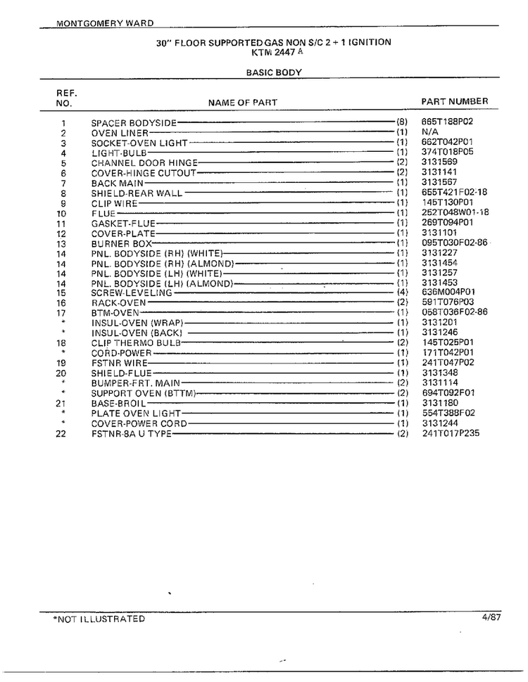 30" Floor/basic Body Page 2 Diagram and Parts List for 2447A  Frigidaire Range