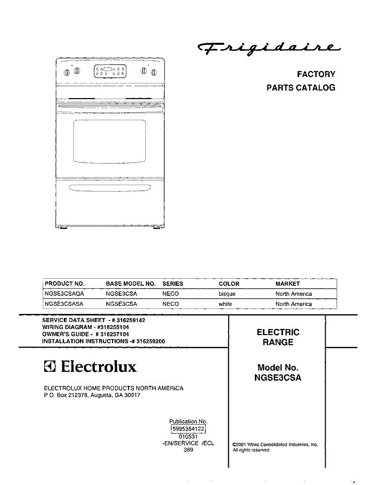 COVER Diagram and Parts List for NGSE3CSASA  Frigidaire Range