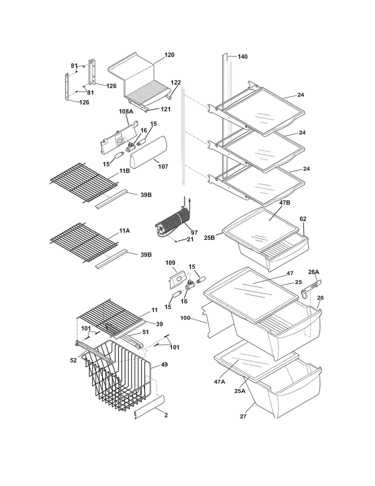 Shelves Diagram and Parts List for FFSC2323LS7  Frigidaire Refrigerator