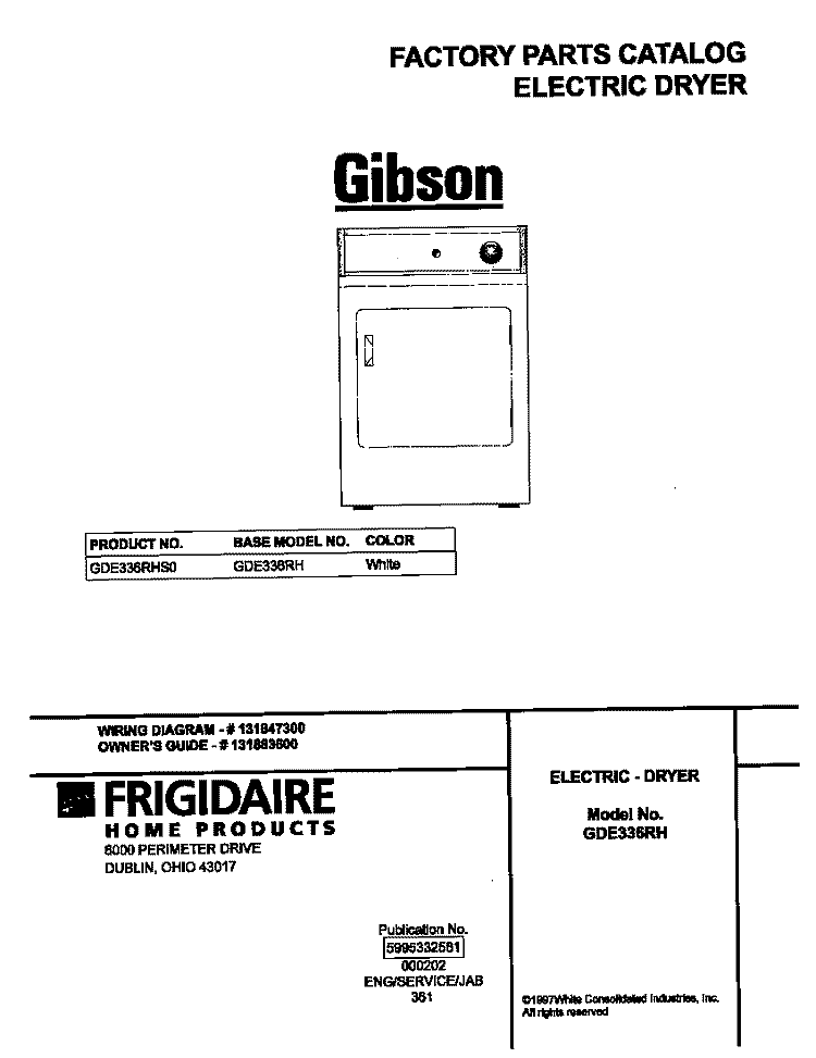 COVER Diagram and Parts List for GDE336RHS0  Gibson Dryer