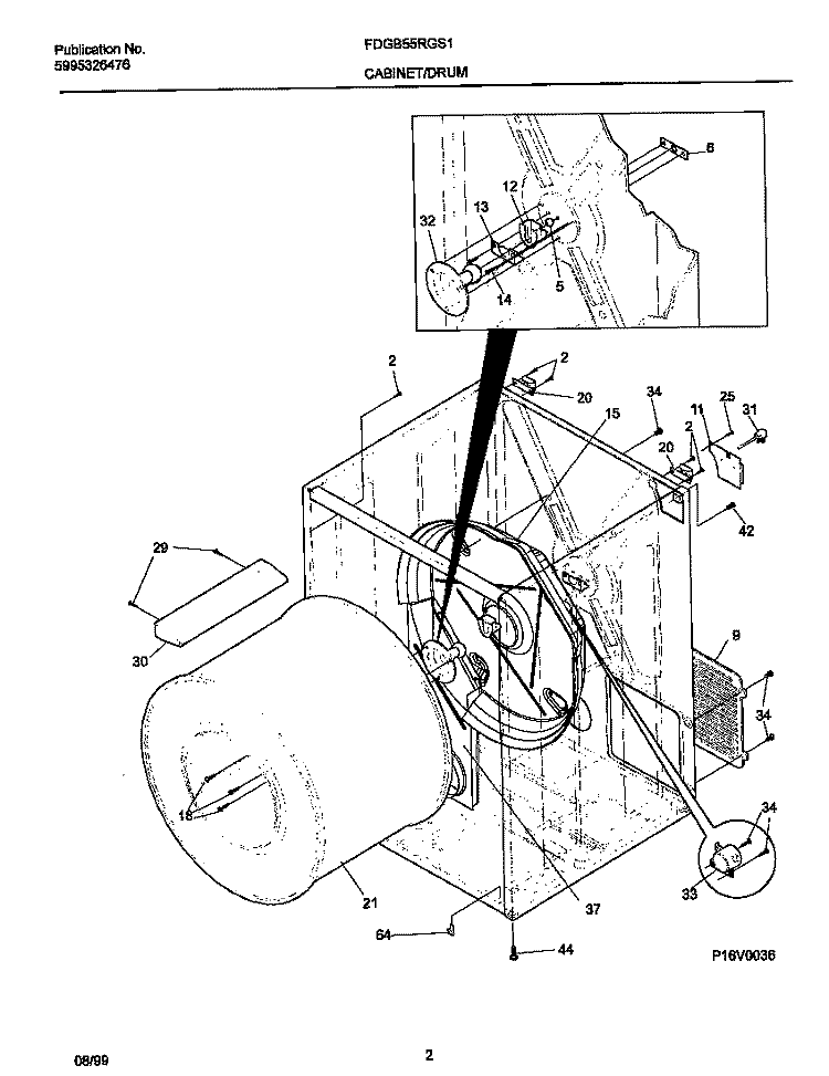 P16V0036 DRY CAB, HEATER Diagram and Parts List for FDGB55RGS1  Frigidaire Dryer