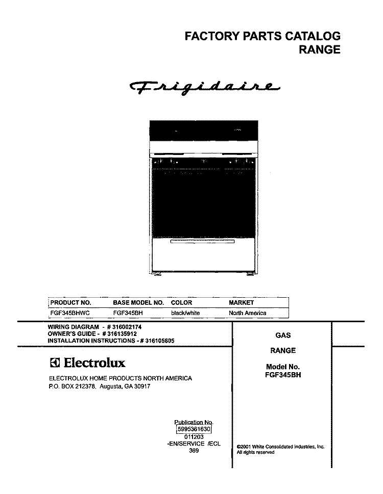 COVER Diagram and Parts List for FGF345BHWC  Frigidaire Range