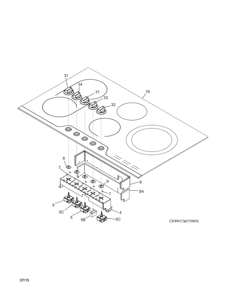 Controls Diagram and Parts List for FPEC3677RF0  Frigidaire Cooktop