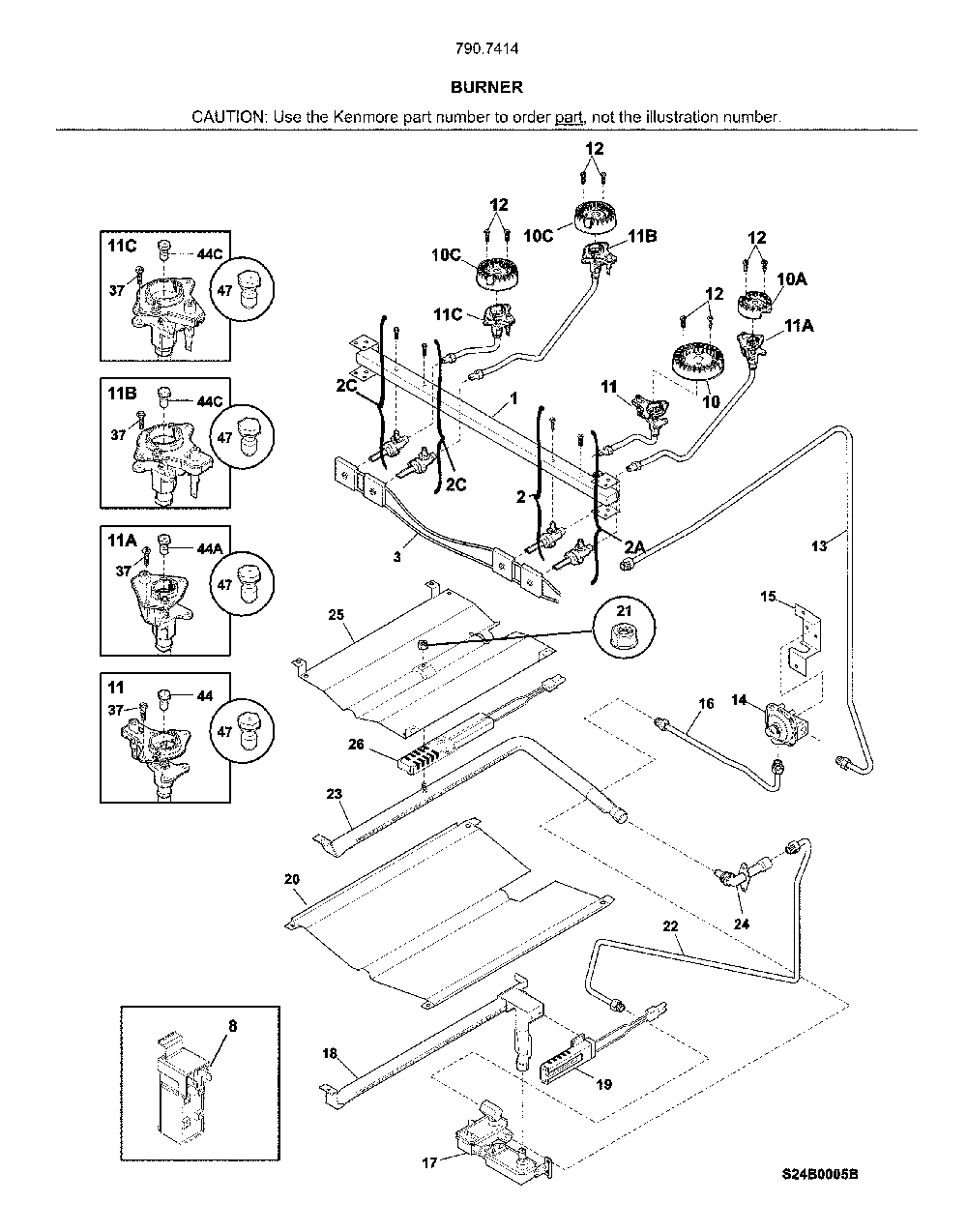 Burner Diagram and Parts List for 79074149711  Kenmore Range