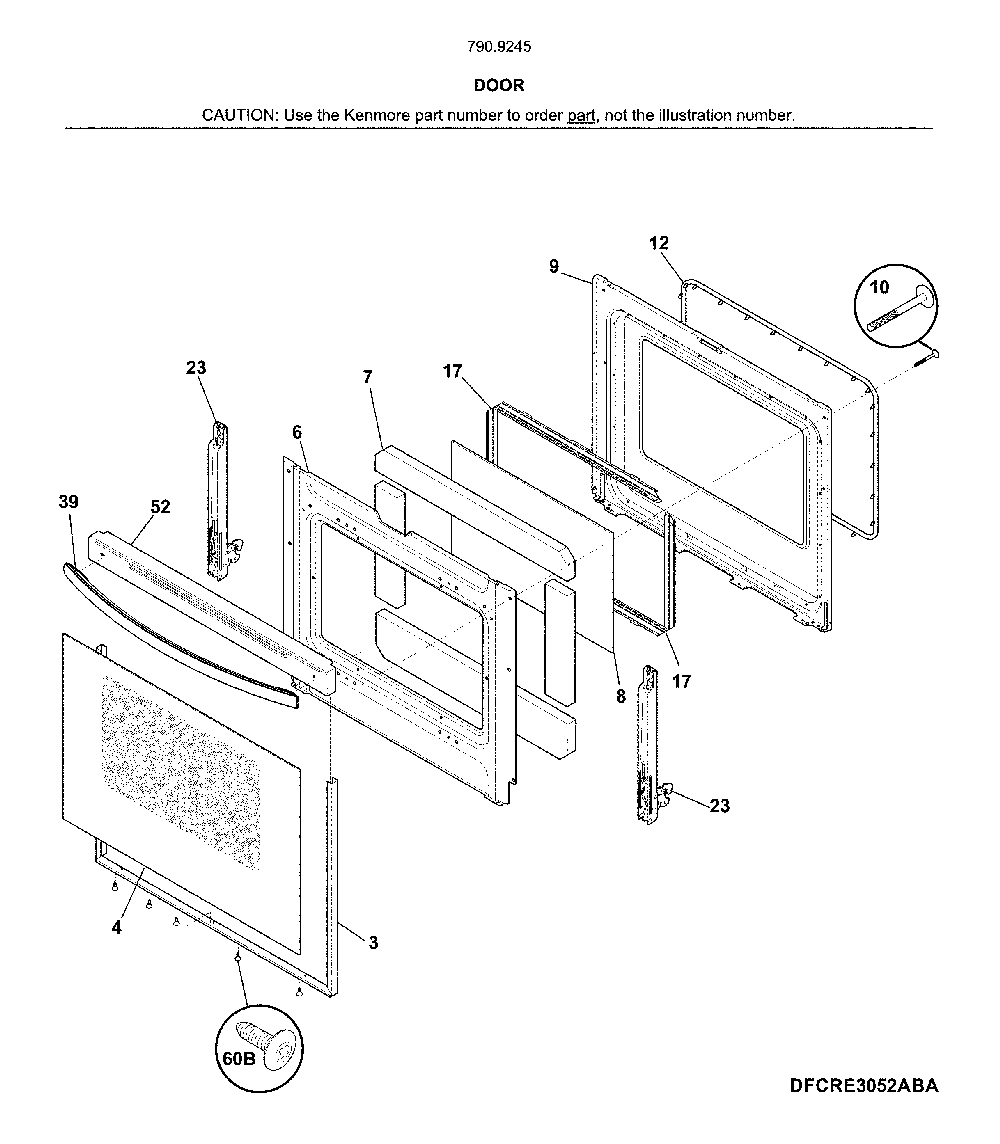 Door Diagram and Parts List for 79092452910  Kenmore Range