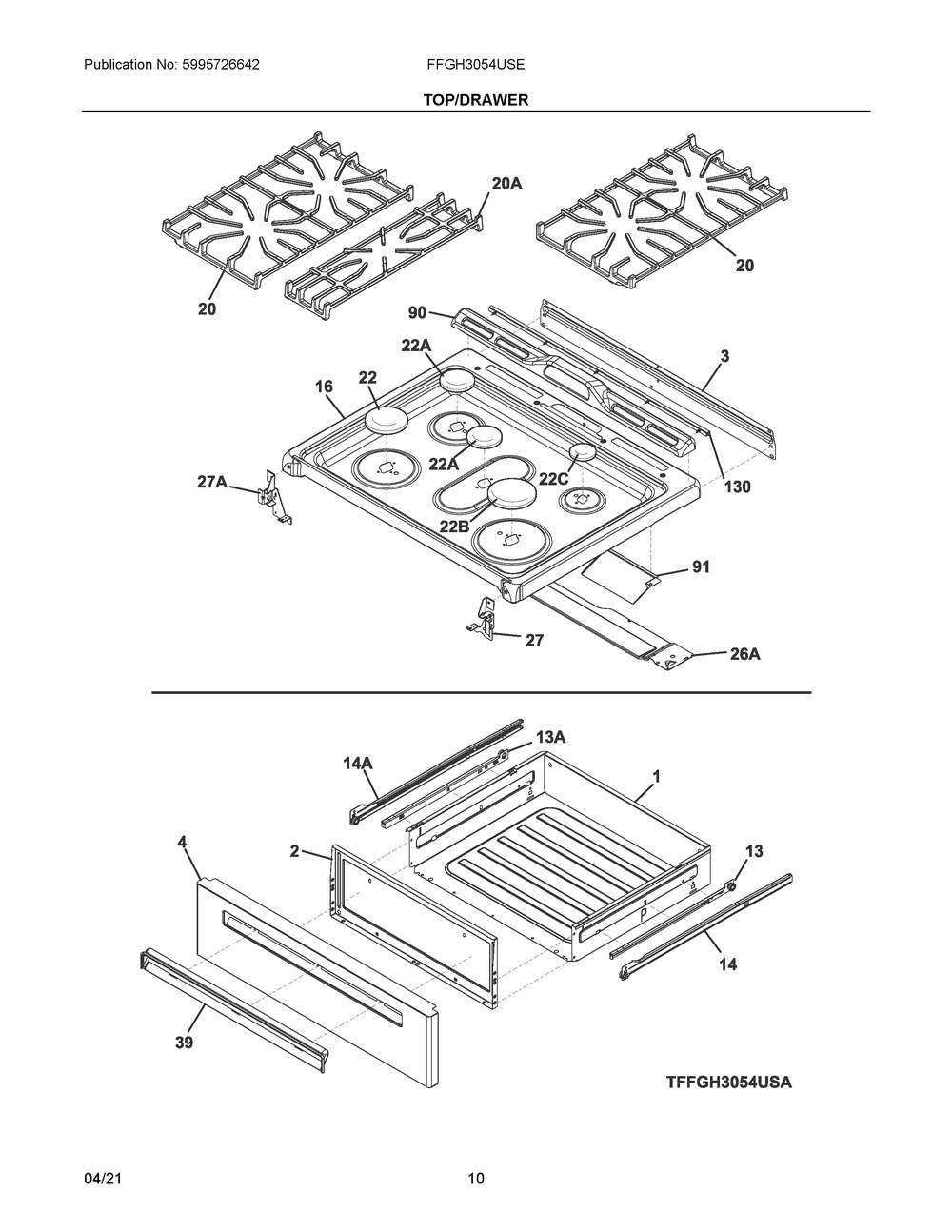 Top/Drawer Diagram and Parts List for FFGH3054USE  Frigidaire Range