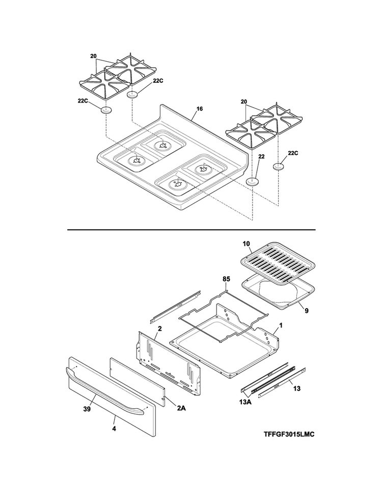 Top/drawer Diagram and Parts List for FFGF3015LMF  Frigidaire Range