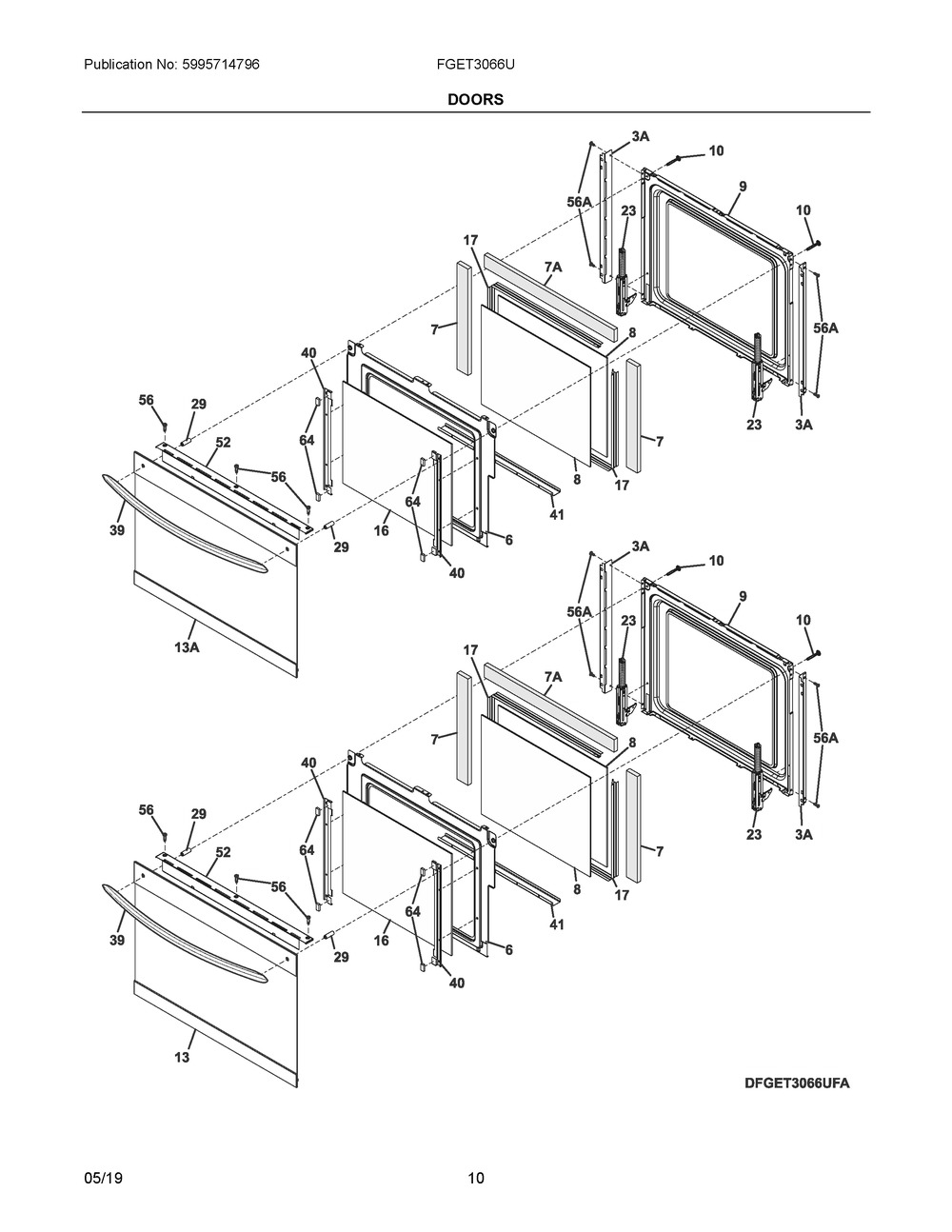 Doors Diagram and Parts List for FGET3066UFA  Frigidaire Wall Oven