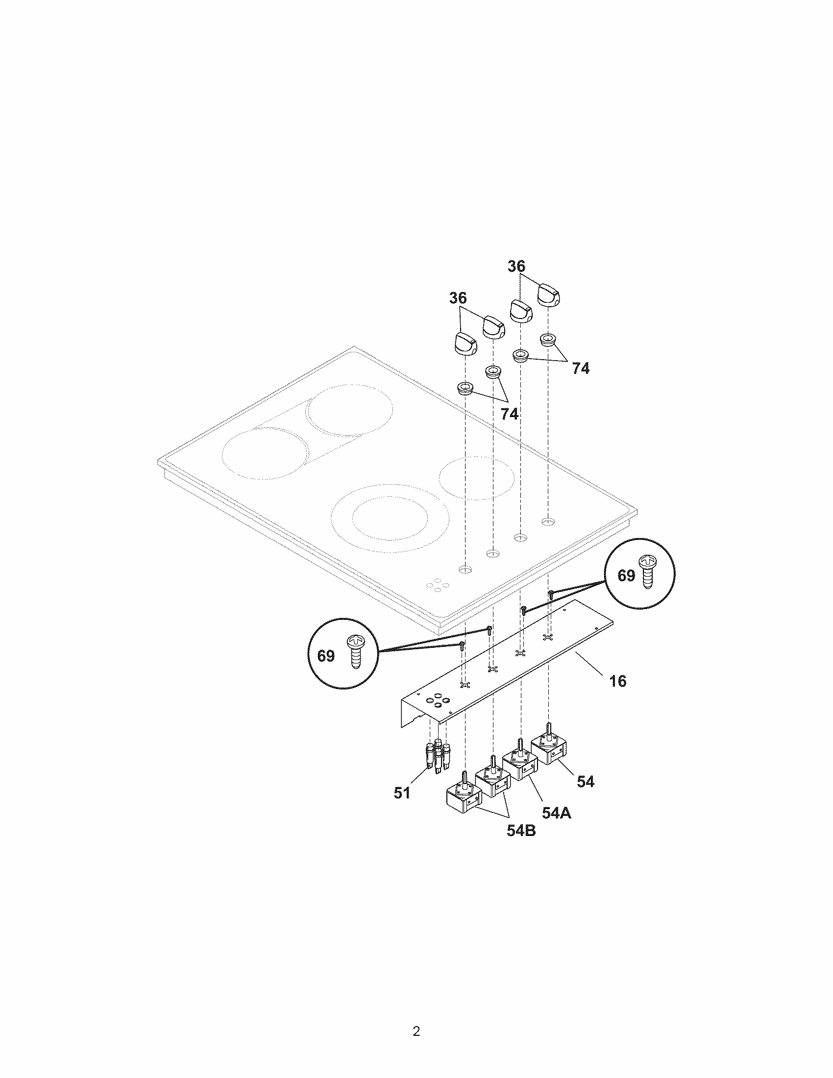 Controls Diagram and Parts List for 79044069402  Kenmore Cooktop