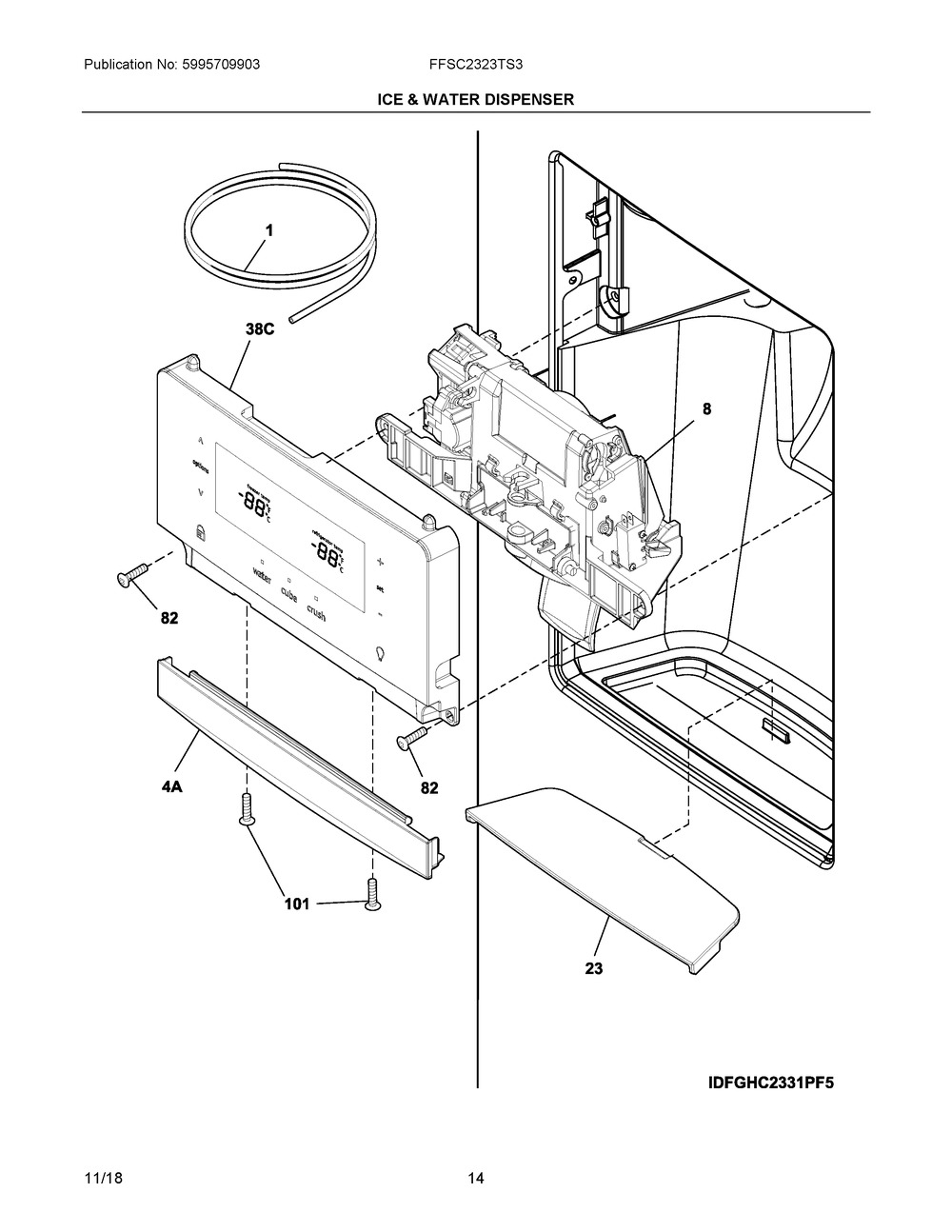 Ice & Water Dispenser Diagram and Parts List for FFSC2323TS3  Frigidaire Refrigerator
