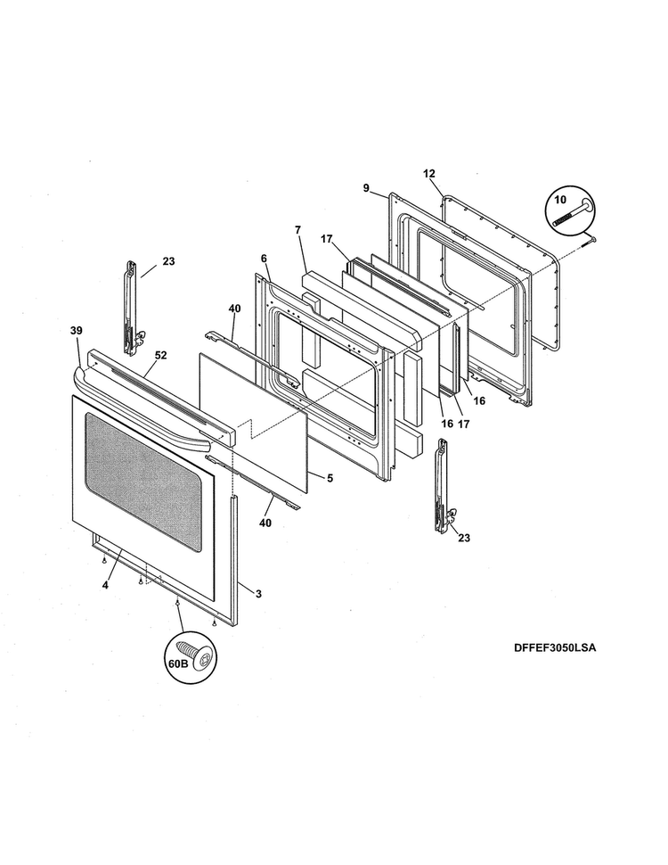 Door Diagram and Parts List for LFEF3019MSD  Frigidaire Range