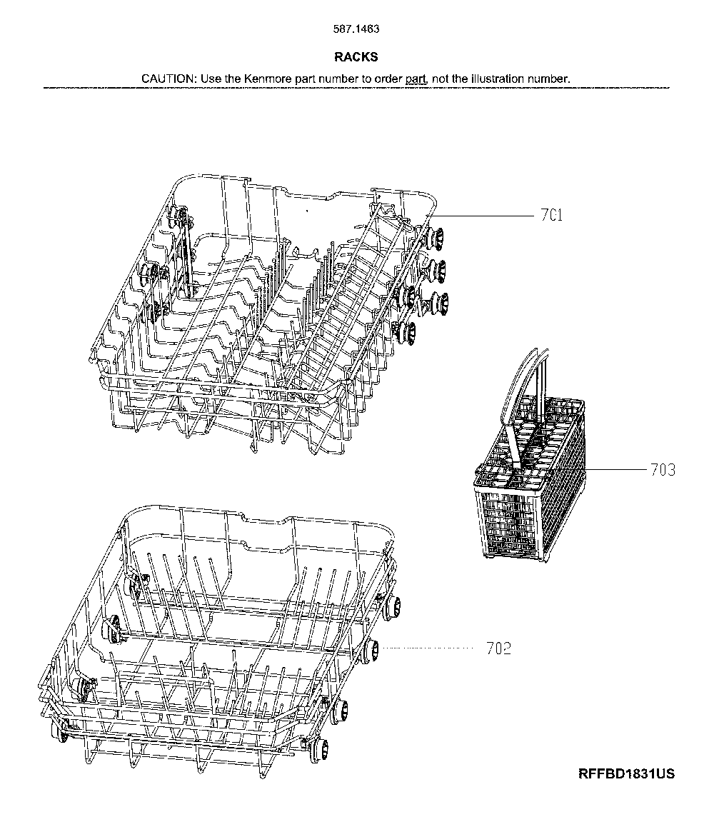 Racks Diagram and Parts List for 58714639J01B  Kenmore Dishwasher