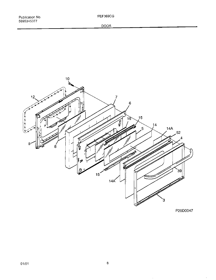 DOOR Diagram and Parts List for FEF369CGSE  Frigidaire Range