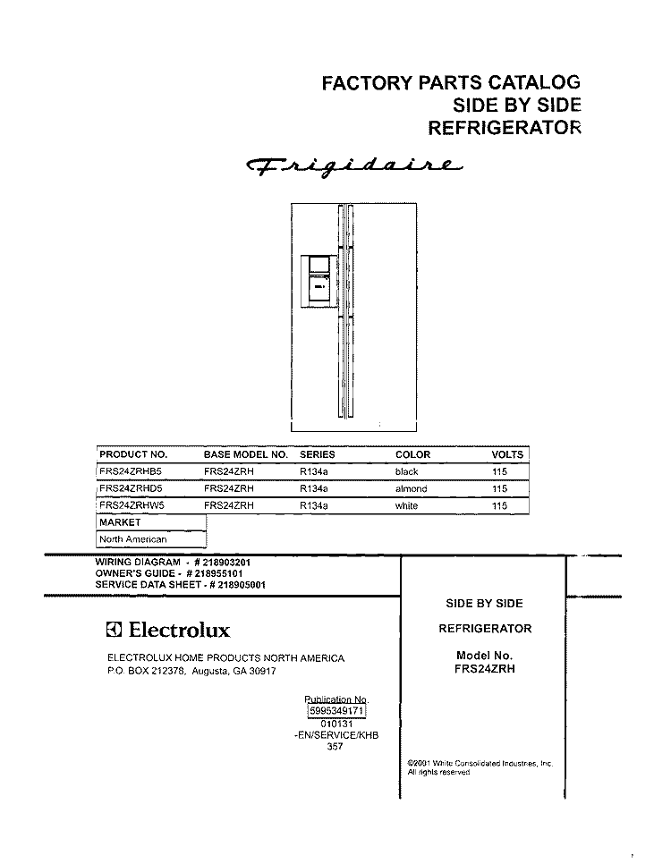 COVER Diagram and Parts List for FRS24ZRHB5  Frigidaire Refrigerator