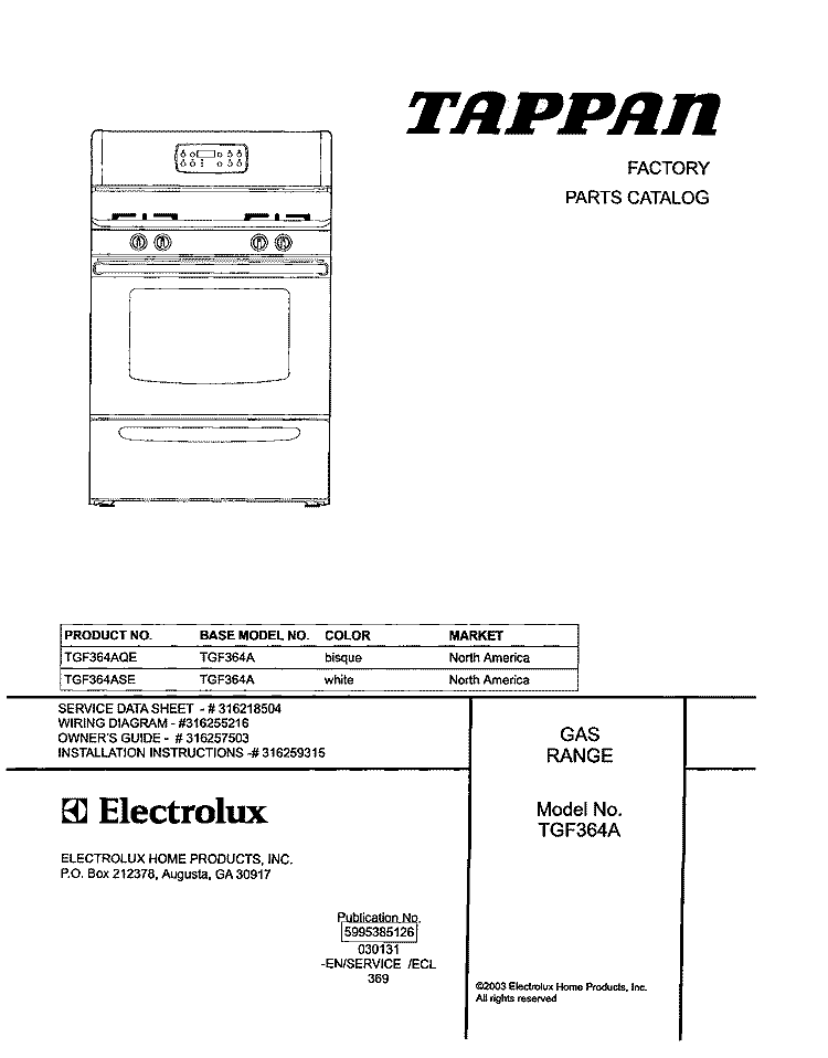 COVER Diagram and Parts List for TGF364ASE  Tappan Range