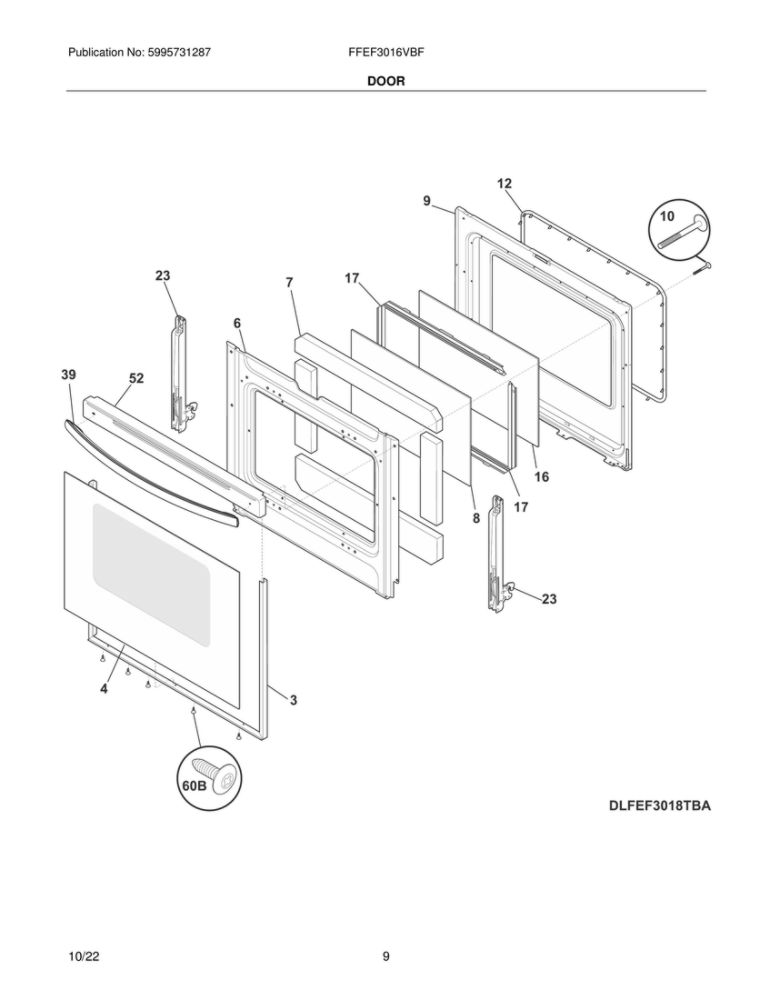 Door Diagram and Parts List for FFEF3016VBF  Frigidaire Range