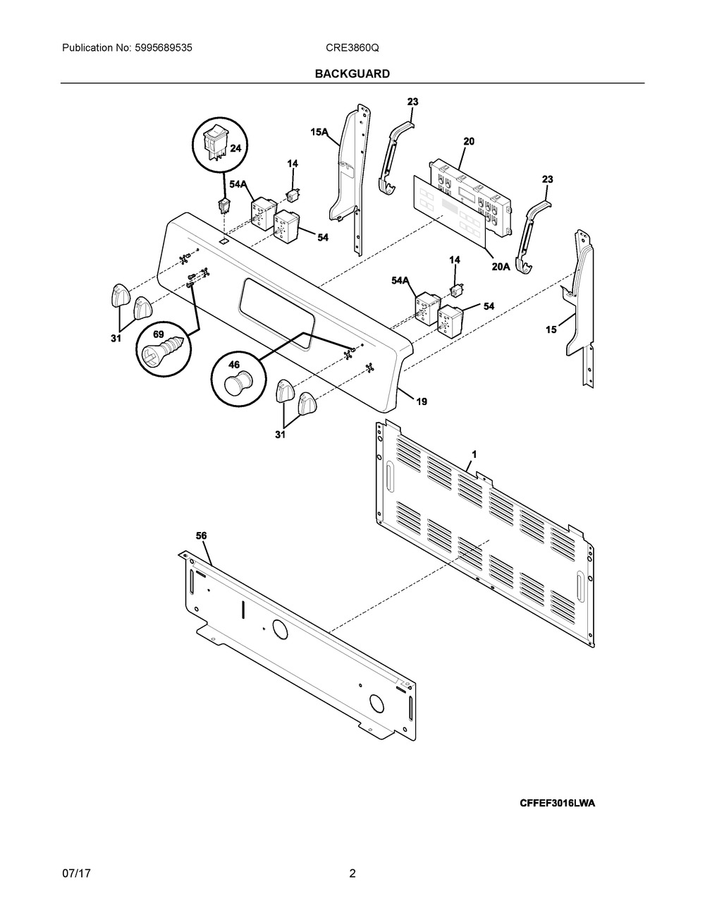 Backguard Diagram and Parts List for CRE3860QBC  Frigidaire Range