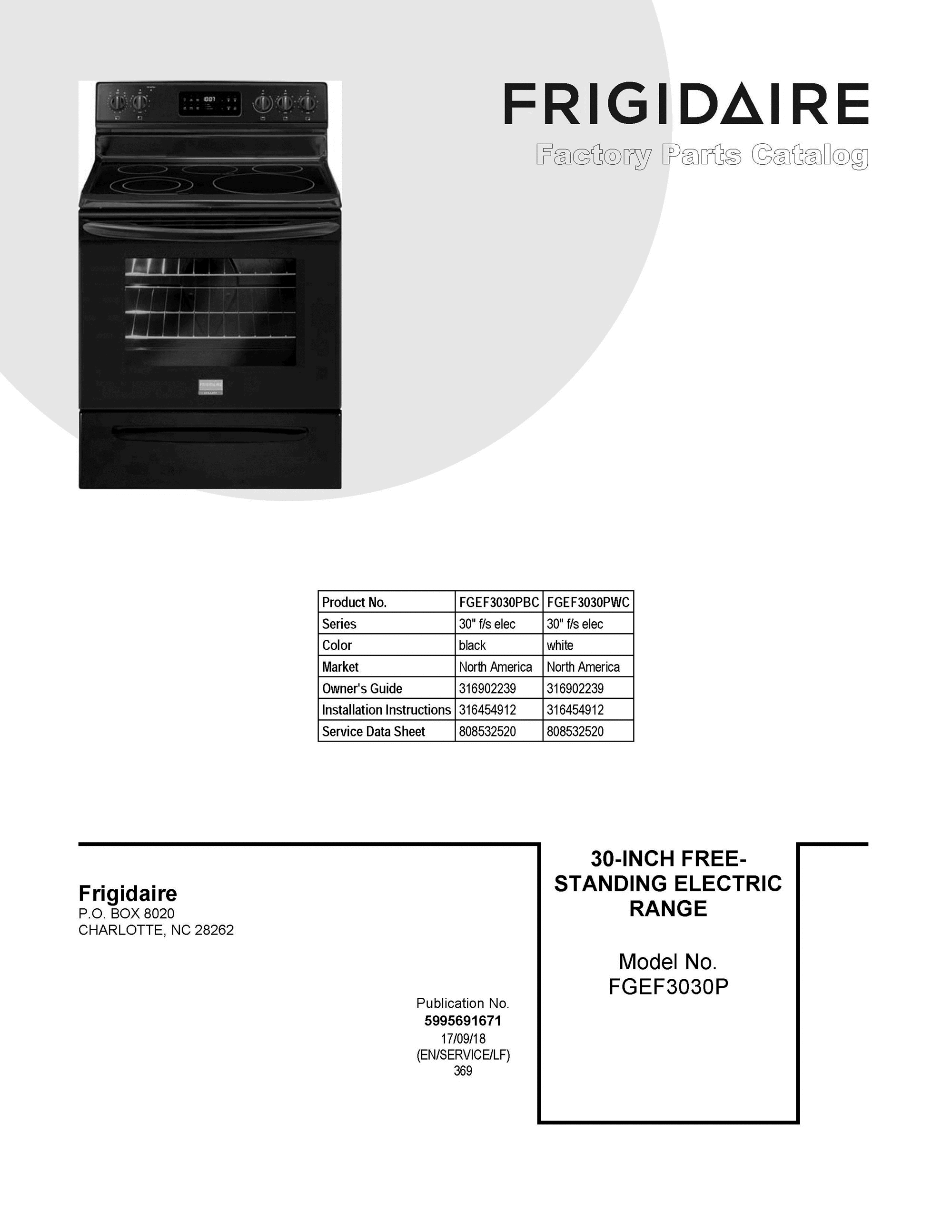 01 - COVER SHEET Diagram and Parts List for FGEF3030PWC  Frigidaire Range